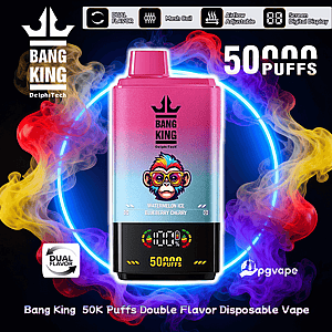 Promotional image of a gradient pink-to-blue Bang King disposable vape with crown logo, labeled 50,000 puffs and dual-flavor (Watermelon Ice / Blueberry Cherry), showing a digital display and icons for mesh coil and adjustable airflow, set against swirling multicolored smoke and a glowing neon ring.