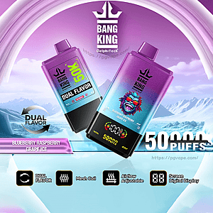 Two purple-gradient Bang King disposable vape devices hovering above icy mountains with bold '50000 PUFFS' text, flavor label 'Blueberry Raspberry Grape Ice', a colorful gorilla logo, and icons for dual flavor, mesh coil, adjustable airflow and digital display.