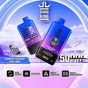Two blue-to-purple gradient Bang King DelphiTech disposable vape devices—one displaying a green ape logo and a digital puff counter—floating over icy mountains with labels for Blueberry Raspberry Mixed Berry, dual flavor and 5000 puffs, plus icons for mesh coil, adjustable airflow and screen display.