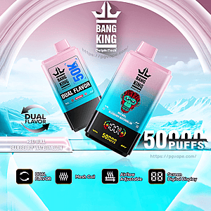 Two pink-to-teal gradient Bang King disposable vape devices with crown logo and a green skull graphic floating over an icy mountain background, featuring large text advertising 50,000 puffs, dual-flavor Red Bull/blueberry/watermelon labeling and icons for dual flavor, mesh coil, adjustable airflow and digital screen.