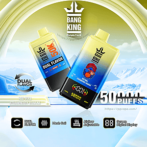 Two yellow-to-blue Bang King disposable vape devices with crown logo and digital screen shown against an icy mountain background, advertising dual flavor Red Bull Strawberry Banana and prominently displaying 