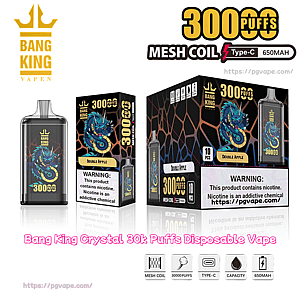 Dispositivo di vaporizzazione usa e getta Black Bang King e scatole di prodotti con grafica del drago blu, etichetta Double Apple e 30000 puff, con bobina a rete, icone di tipo C da 650 mAh e un avviso di nicotina.