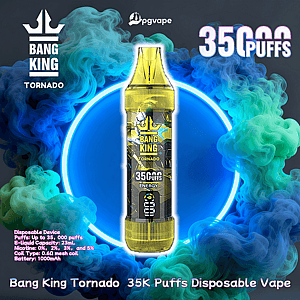 Yellow Bang King Tornado disposable vape device labeled 'Energy' centered over a glowing blue circle and surrounded by swirling teal and blue vapor, with brand logos, large '35,000 puffs' text and small product specifications visible around it