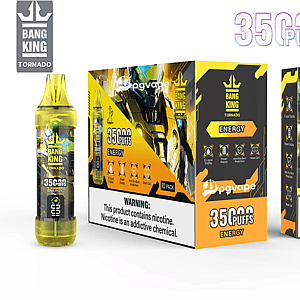 Yellow-and-black Bang King Tornado disposable vape with matching retail boxes labeled Energy and prominently advertising 35,000 puffs, showing the crown logo and a nicotine warning on the packaging.