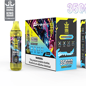 Bright, neon product display of Bang King Tornado Lemon Mint disposable vapes showing a yellow-capped vape device on the left, a branded multi-pack box in the center and a single sleeve on the right with colorful blue and yellow graphics, a prominent