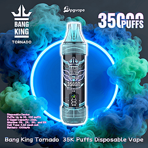 Blue promotional image featuring a central cyan-blue disposable vape labeled 'Bang King Tornado' and 'Blueberry Ice' framed by a glowing neon ring and swirling teal and blue vapor, with prominent '35K PUFFS' text, brand logos and small product specs.
