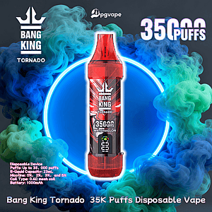 Red Bang King Tornado disposable vape device labeled “35K puffs Watermelon” centered in front of a glowing blue ring with swirling green and blue vapor and brand logo and product details around it.