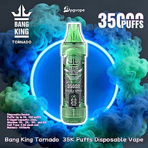 Green Bang King Tornado disposable vape device labeled Double Apple and 35K Puffs centered inside a glowing blue ring with swirling green and blue vapor, brand logos, and small product specifications around the edges.