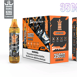 Orange-and-black Bang King Tornado vaping device and packaging: a translucent gold-capped disposable vape next to a 10-pack box and single box labeled '35 PUFFS' and 'Peach Ice' with a robotic graphic and prominent nicotine warning.
