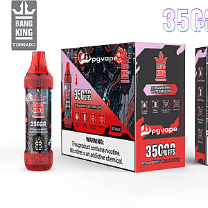 Red and black Bang King Tornado disposable vape device and matching Strawberry Watermelon 35,000-puffs retail boxes displayed on a white background, showing brand logos, flavor label, nicotine warning and futuristic mechanical graphics.