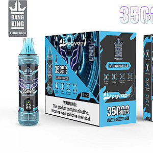 Cyan-and-black Bang King Tornado blueberry ice vape device and retail packaging featuring neon circuit graphics, '35,000 puffs' branding, PGVape logo and nicotine warning labels.