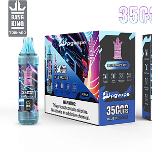 Three Bang King Tornado Blue Razz Ice vape items — a translucent cyan disposable device, a 10‑pack PGVape display box and a retail sleeve — all labeled