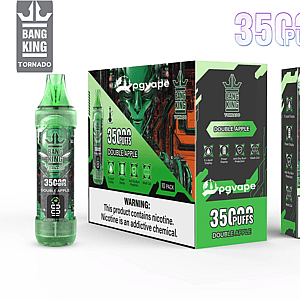 Green Bang King Tornado disposable vape device and matching boxes labeled 35,000 puffs Double Apple, showing brand graphics and a nicotine warning label.