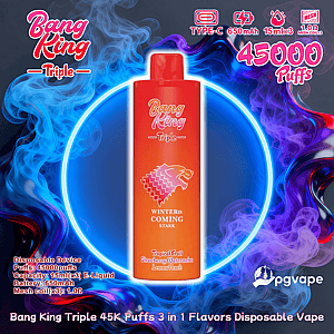 Centering a red-orange Bang King Triple disposable vape labeled 'Winter is Coming Stark,' the ad shows the device inside a glowing blue circle surrounded by blue and purple smoke, with text noting 45,000 puffs, Type-C charging, 650mAh battery and three 15ml e-liquid flavors.