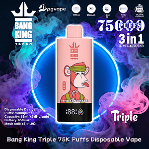 Pink Bang King disposable vape device featuring a cartoon monkey graphic centered in a glowing blue ring, surrounded by purple and turquoise vapor clouds and advertising text noting 75K puffs and a 3‑in‑1 triple‑flavor feature.