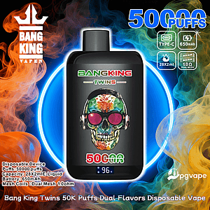 Promotional image showing a black Bang King Twins disposable vape with colorful skull artwork wearing headphones and pink sunglasses, prominently labeled 50,000 puffs and framed by a glowing blue ring and swirling orange, blue and green smoke, with small icons noting Type-C charging, 650mAh battery, 28×2ml capacity and 1.0Ω dual mesh coils.
