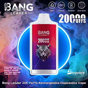 Front-facing Bang Leader rechargeable disposable vape device with a red-to-purple label showing an aggressive tiger illustration and '20,000 puffs' text, surrounded by a neon blue ring and swirling multicolored smoke, with small icons indicating 28 ml, Type-C charging, 650 mAh battery, and dual mesh coil.