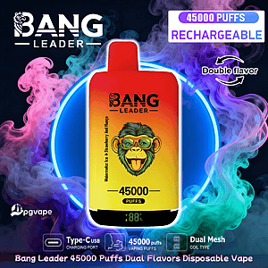 Bright red-to-yellow gradient Bang Leader disposable vape device labeled 45,000 puffs and rechargeable, centered against a neon blue ring and swirling pink, purple and teal smoke, with icons indicating Type-C USB charging, dual mesh coil and dual flavors and a small digital battery percentage at the bottom.