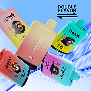 Colorful ad showing five gradient Bang Leader rechargeable vape devices with stylized monkey logos arranged at angles, large text reading 45000 PUFFS and RECHARGEABLE, a 'DOUBLE FLAVOR' label, and icons for Type-C, 650mAh battery and dual mesh.