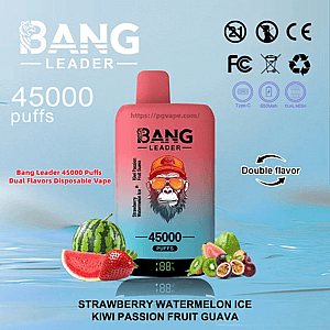 Pink-to-teal gradient Bang Leader disposable vape device with a bearded monkey logo centered on the packaging, surrounded by watermelon, strawberry, kiwi, passion fruit and guava, labeled 45000 puffs and double flavor with flavor text 'Strawberry Watermelon Ice / Kiwi Passion Fruit Guava' and certification icons.