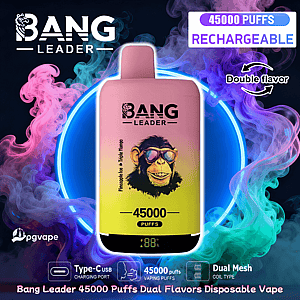 Pink-to-yellow gradient Bang Leader rechargeable disposable vape device centered against a neon blue ring and swirling pink, purple and teal vapor, with prominent 45000 PUFFS and RECHARGEABLE labels and icons for Type-C USB charging, dual-mesh coil and dual flavors.