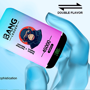 A gloved blue hand holding a pastel blue-to-pink disposable vape device branded 