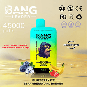 Bright turquoise-to-yellow Bang Leader disposable vape device featuring a sunglasses-wearing chimp logo and digital 45000 puffs label, set above blueberries with ice, strawberries and a banana, with text and icons indicating double flavors and certifications.