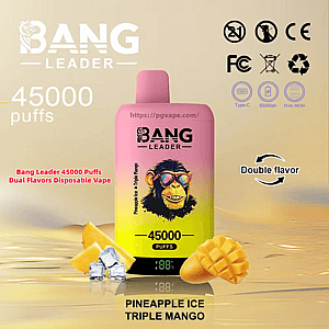 Pink-to-yellow gradient Bang Leader disposable vape device with a sunglasses-wearing monkey graphic and digital display, labeled 45,000 puffs and Pineapple Ice / Triple Mango double-flavor, shown with mango pieces, ice cubes and certification icons.