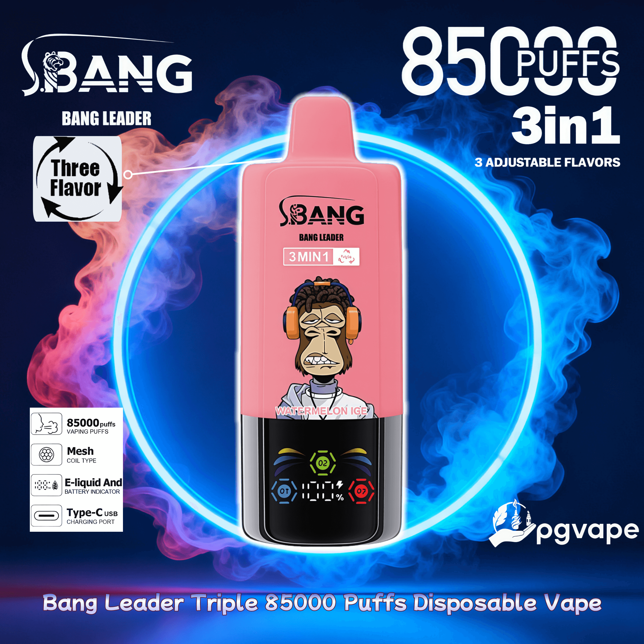 Bang Leader Triple 85000 | 85k Puffs 3 in 1 Flavors Disposable Vape | 0% 2% 3% 5% Nicotine | 15Tastes | LED Display Screen | Vape Factory Direct