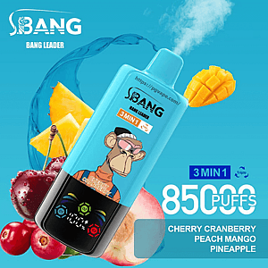 Bright blue Bang Leader disposable vape device with a cartoon ape wearing sunglasses, labeled '3-in-1' and '8500 puffs', shown against a turquoise background with cherries, cranberries, peach, mango and pineapple and a splash of water.
