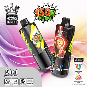 Two black Bang Legend vape devices with colorful paint-splash labels and a monkey illustration, placed against a pink and purple wavy background with prominent '150K PUFFS' and '6 in 1' text and small icons for Type‑C, 850mAh, oil tank options and LED screen.