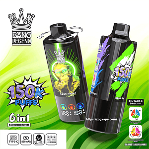 Two glossy black cylindrical vape devices with colorful labels (Apple Grape and Apple Ice), a crown 'Bang Legend' logo, prominent '150k puffs' and '6in1' graphics, flavor icons, technical icons (Type‑C, 850mAh, oil tank, LED screen) and a website URL set against a green swirled background.