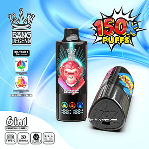 Two glossy black cylindrical vape devices against a blue swirling background: one upright labeled Watermelon Bubble Gum with a Bang Legend crown logo, colorful flavor indicator lights and a digital LED display, the other lying on its side showing a star-patterned base and USB Type-C port; promotional text reads 150K PUFFS and icons note 6-in-1 adjustable flavors, 850mAh battery, oil tank modes, and an LED screen.
