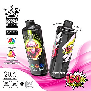 Promotional image of two glossy black Bang Legend Oil Tank 3 vape devices—one displaying neon strawberry-kiwi artwork and an LED screen, the other showing a rotatable top for six adjustable flavors—set on a pink wave background with icons for Type-C charging, 850mAh battery, and a 150K puffs badge.