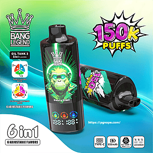 Two glossy black vape devices on a turquoise gradient background—one upright and one on its side—branded Bang Legend with a bold '150K PUFFS' burst, 'Guava Lime' flavor label, 6-in-1 adjustable flavor icons, LED screen readout, and small icons indicating Type-C charging and 850mAh battery capacity.