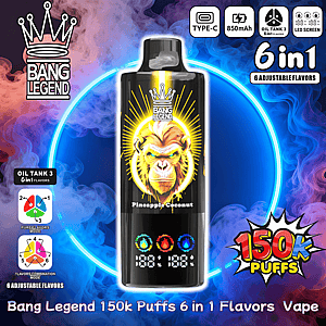 Promotional image of a black Bang Legend vape device with a crowned monkey logo and 'Pineapple Coconut' label, set against neon blue ring and colorful smoke, with icons for Type‑C charging, 850mAh battery, oil tank 3 and LED screen, and prominent '6 in 1' adjustable flavors and '150k puffs' text.
