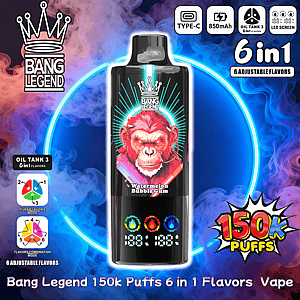 Black cylindrical Bang Legend vape device centered against a neon blue ring and swirling purple and pink smoke, labeled Watermelon Bubble Gum with a crown logo, icons for Type‑C charging, 850mAh battery, oil tank 3 and LED screen, colored flavor droplets and a digital puff counter, and bold text advertising 6‑in‑1 adjustable flavors and 150k puffs.