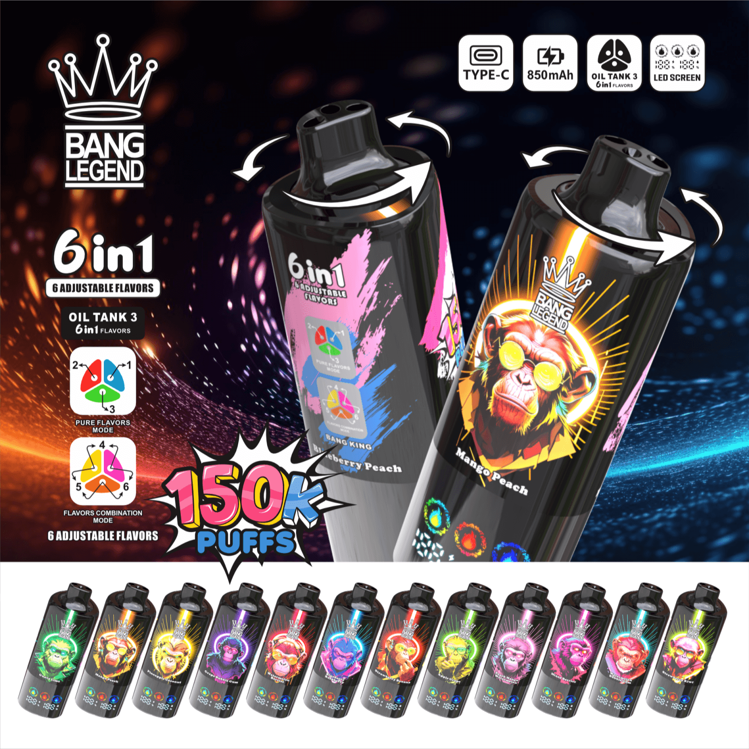 Promotional image for Bang Legend disposable vapes featuring two glossy black devices with neon monkey artwork, icons for Type-C, 850mAh battery, Oil Tank 3 and LED screen, text highlighting '6in1' adjustable flavors and '150K puffs', and a row of colorful flavor-varied devices along the bottom.