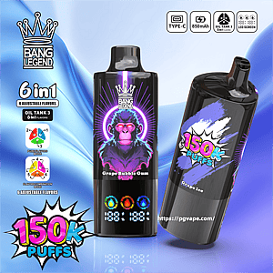 Two glossy black Bang Legend disposable vape devices on a blue gradient background: one upright with neon wolf artwork labeled Grape Bubble Gum and LED icons, the other tilted showing 150K PUFFS and Grape Ice, surrounded by flavor‑mode diagrams and Type‑C/850mAh/Oil Tank/LED icons.