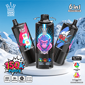 Three black Bang Legend vape devices with bright neon labels—center unit showing a blue-pink monkey 'Blueberry Raspberry' design and two tilted units displaying '150K puffs' and '6 in 1 adjustable flavors'—set against snowy mountain peaks with icons for Type-C, 850mAh, oil tank and LED screen.