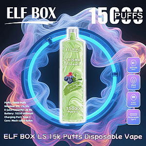 Promotional graphic of a green ELF BOX disposable vape labeled “SHISHA hookah” and “15000 PUFFS” centered in a glowing blue ring with purple and pink smoke, surrounded by spec icons and text noting 600mAh battery, 26ml e-liquid, 0.6Ω resistance, Type‑C charging and large “ELF BOX 15000 PUFFS” branding.