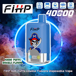 Blue FIHP disposable vape device featuring a pirate skeleton graphic and silver base, set against a neon circular glow and colorful smoke, with icons and text indicating double flavors, dual mesh coil, 36ml capacity, Type‑C charging, 850mAh battery and 40,000 puffs