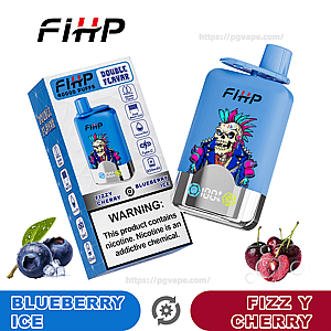 Blauw FIHP wegwerpvape-apparaat en bijpassende doos met een kleurrijke punk-schedelafbeelding, gelabeld met 40.000 trekjes en dubbele smaak met Blueberry Ice- en Fizz Y Cherry-smaakpictogrammen, een nicotine-waarschuwingspaneel en bijbehorende afbeeldingen van bosbessen en kersen.