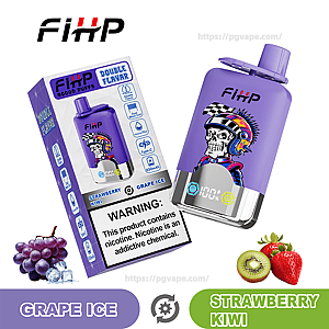 Paars FiHP wegwerpvape-apparaat met een kleurrijke schedel-en-helm-afbeelding naast de verpakking met het opschrift “Double Flavour 40000 Puffs” en een nicotinewaarschuwing, met druiven- en ijsblokjes en aardbei- en kiwi-iconen die de smaken Grape Ice en Strawberry Kiwi aangeven.