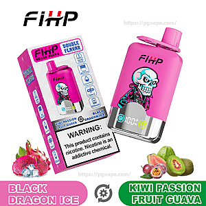 Felroze FIHP wegwerpvape en bijpassende doos met een gestileerde schedelafbeelding, de tekst 'Double Flavour' en '40.000 puffs', smaaknamen 'Black Dragon Ice' en 'Kiwi Passion Fruit Guava', fruitafbeeldingen (drakenfruit, kiwi, passievrucht, guave) en een prominente nicotinewaarschuwing.