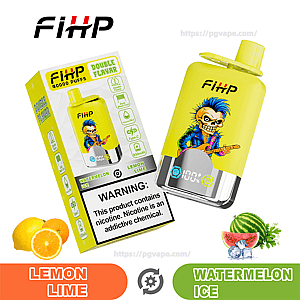 Heldergele FiHP wegwerpvape en bijpassende doos met een kleurrijke punk-skeletgitaarafbeelding, smaakbadges voor Lemon Lime en Watermelon Ice, een prominent nicotinewaarschuwingslabel, een 100%-batterij-indicator en illustraties van citroen- en watermeloenfruit.