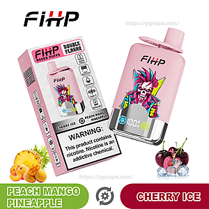 Roze FIHP wegwerpvape en bijpassende doos met kleurrijk punk-schedel-artwork, gemarkeerd met 40.000 trekjes en dubbele smaak, met de smaken Peach Mango Pineapple en Cherry Ice, een nicotinewaarschuwingspaneel en kleine fruitafbeeldingen (perzik, mango, ananas en kersen met ijs).