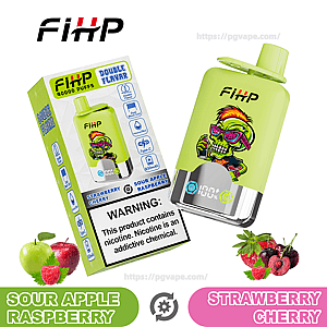 Limoengroen FIHP wegwerpvape-apparaat en bijpassende doos met een kleurrijke afbeelding van een schedel met zonnebril, smaaklabels 'Sour Apple Raspberry' en 'Strawberry Cherry', een claim van 40.000 trekjes en een prominente nicotinewaarschuwing op de verpakking.