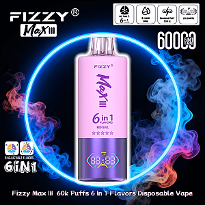 Pink and purple Fizzy Max III disposable vape centered inside a glowing blue neon ring, labeled 6 in 1 flavors and 60k puffs with a small LED screen at the base and colorful red and blue vapor swirling around.