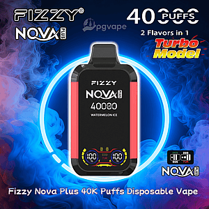 Rectangular Fizzy Nova Plus disposable vape with red side panels and a digital display, centered against swirling blue and purple smoke and a neon ring, with text advertising 40,000 puffs, "2 Flavors in 1", Turbo Model, and Watermelon Ice flavor.